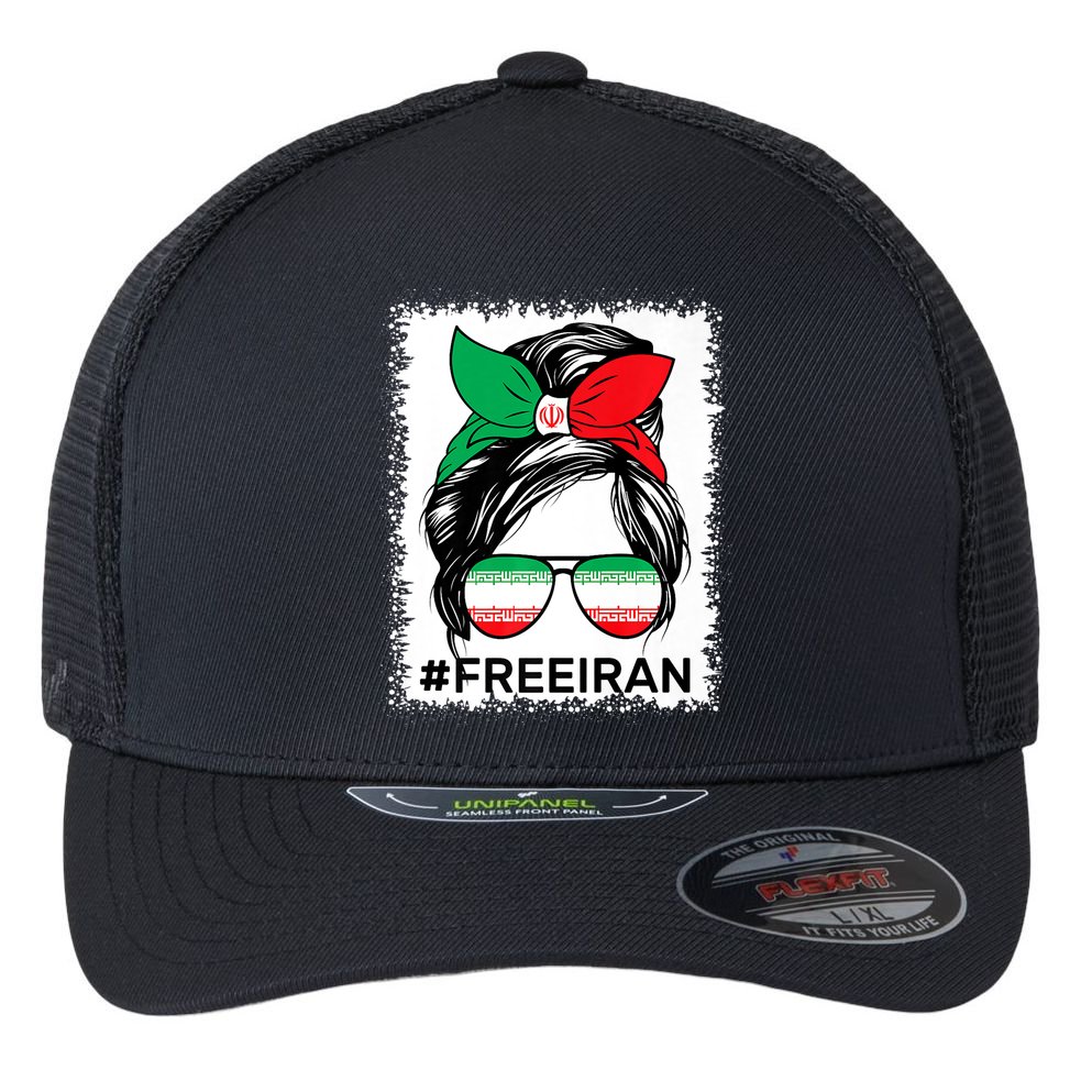 Free Iran Women Life Freedom Bleached Messy Bun Iranian Flag Flexfit Unipanel Trucker Cap