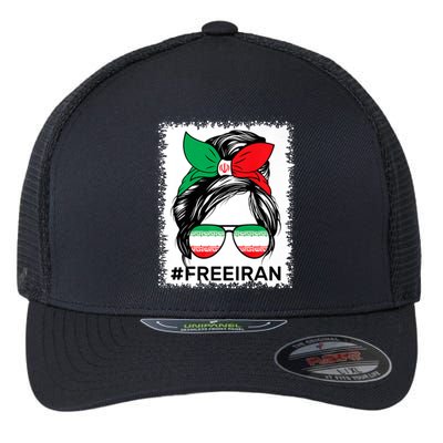 Free Iran Women Life Freedom Bleached Messy Bun Iranian Flag Flexfit Unipanel Trucker Cap