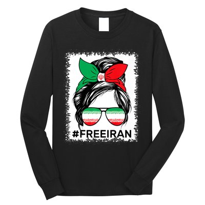 Free Iran Women Life Freedom Bleached Messy Bun Iranian Flag Long Sleeve Shirt