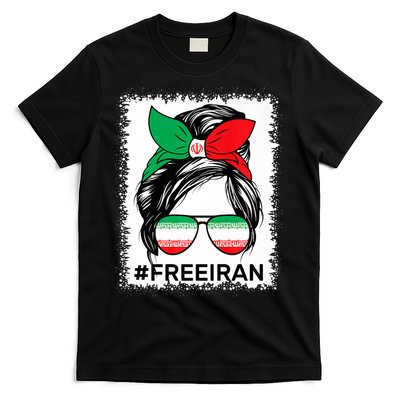 Free Iran Women Life Freedom Bleached Messy Bun Iranian Flag T-Shirt