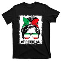 Free Iran Women Life Freedom Bleached Messy Bun Iranian Flag T-Shirt