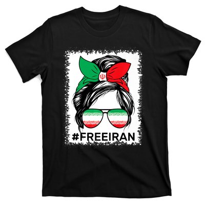 Free Iran Women Life Freedom Bleached Messy Bun Iranian Flag T-Shirt