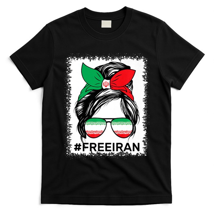 Free Iran Women Life Freedom Bleached Messy Bun Iranian Flag T-Shirt