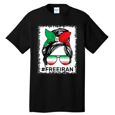 Free Iran Women Life Freedom Bleached Messy Bun Iranian Flag Tall T-Shirt