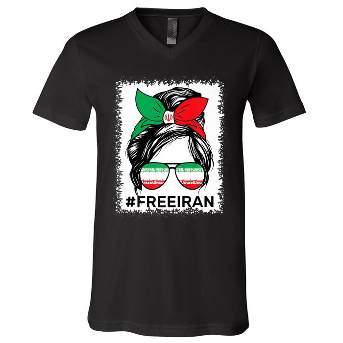 Free Iran Women Life Freedom Bleached Messy Bun Iranian Flag V-Neck T-Shirt