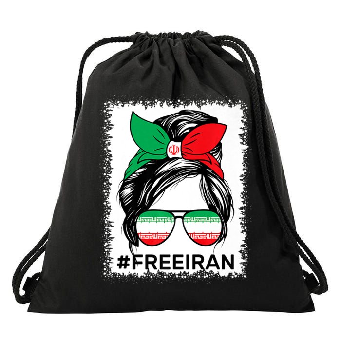 Free Iran Women Life Freedom Bleached Messy Bun Iranian Flag Drawstring Bag