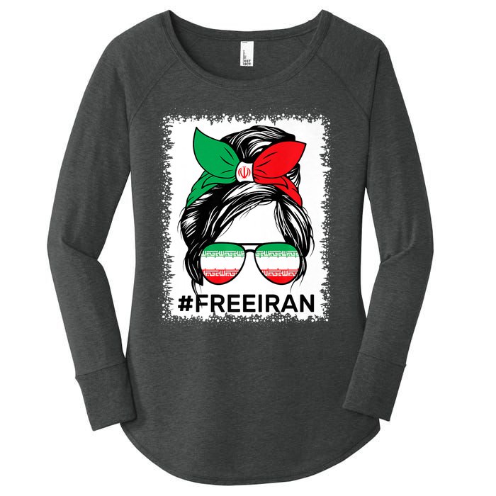 Free Iran Women Life Freedom Bleached Messy Bun Iranian Flag Women's Perfect Tri Tunic Long Sleeve Shirt