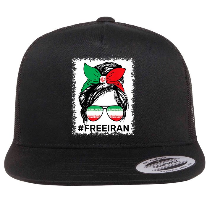 Free Iran Women Life Freedom Bleached Messy Bun Iranian Flag Flat Bill Trucker Hat