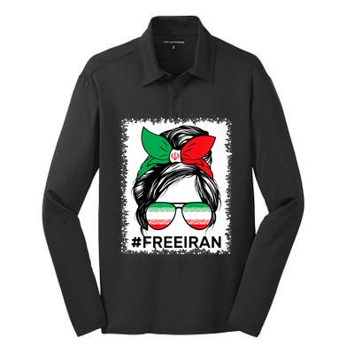 Free Iran Women Life Freedom Bleached Messy Bun Iranian Flag Silk Touch Performance Long Sleeve Polo