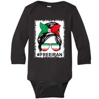 Free Iran Women Life Freedom Bleached Messy Bun Iranian Flag Baby Long Sleeve Bodysuit