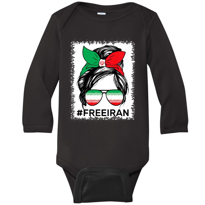 Free Iran Women Life Freedom Bleached Messy Bun Iranian Flag Baby Long Sleeve Bodysuit