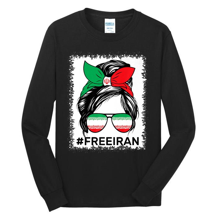 Free Iran Women Life Freedom Bleached Messy Bun Iranian Flag Tall Long Sleeve T-Shirt