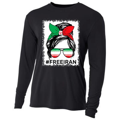 Free Iran Women Life Freedom Bleached Messy Bun Iranian Flag Cooling Performance Long Sleeve Crew