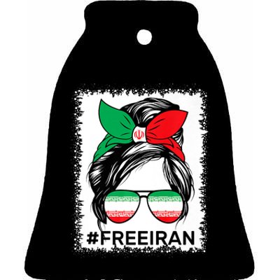 Free Iran Women Life Freedom Bleached Messy Bun Iranian Flag Ceramic Bell Ornament