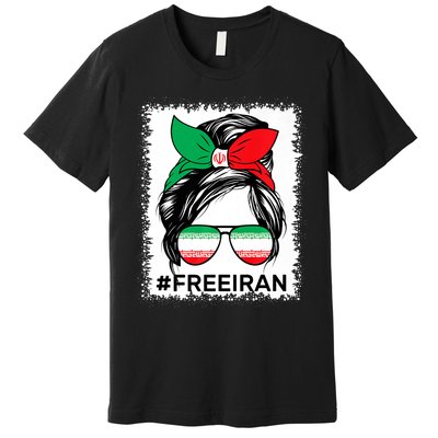 Free Iran Women Life Freedom Bleached Messy Bun Iranian Flag Premium T-Shirt