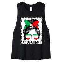 Free Iran Women Life Freedom Bleached Messy Bun Iranian Flag Women's Racerback Cropped Tank