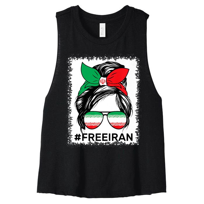 Free Iran Women Life Freedom Bleached Messy Bun Iranian Flag Women's Racerback Cropped Tank