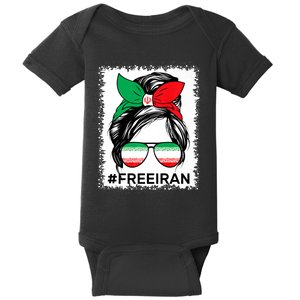 Free Iran Women Life Freedom Bleached Messy Bun Iranian Flag Baby Bodysuit