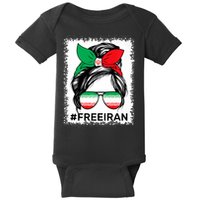 Free Iran Women Life Freedom Bleached Messy Bun Iranian Flag Baby Bodysuit