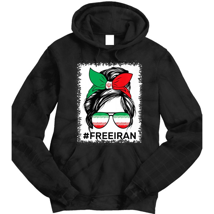 Free Iran Women Life Freedom Bleached Messy Bun Iranian Flag Tie Dye Hoodie