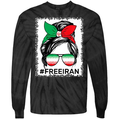 Free Iran Women Life Freedom Bleached Messy Bun Iranian Flag Tie-Dye Long Sleeve Shirt