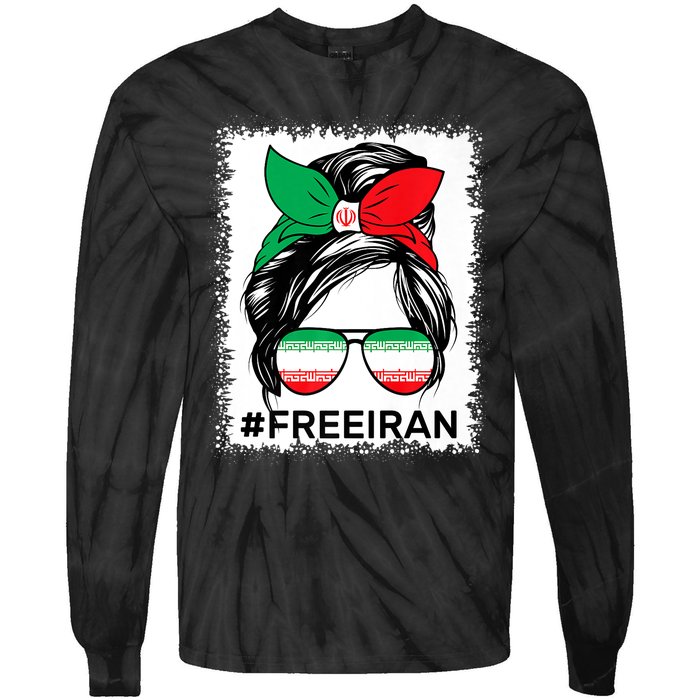 Free Iran Women Life Freedom Bleached Messy Bun Iranian Flag Tie-Dye Long Sleeve Shirt