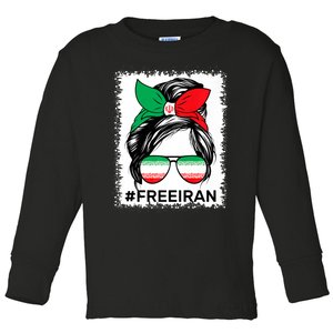 Free Iran Women Life Freedom Bleached Messy Bun Iranian Flag Toddler Long Sleeve Shirt