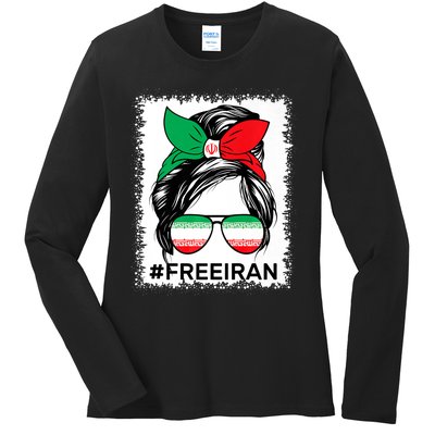 Free Iran Women Life Freedom Bleached Messy Bun Iranian Flag Ladies Long Sleeve Shirt