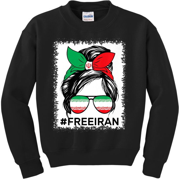 Free Iran Women Life Freedom Bleached Messy Bun Iranian Flag Kids Sweatshirt