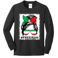 Free Iran Women Life Freedom Bleached Messy Bun Iranian Flag Kids Long Sleeve Shirt