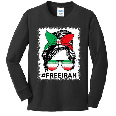 Free Iran Women Life Freedom Bleached Messy Bun Iranian Flag Kids Long Sleeve Shirt