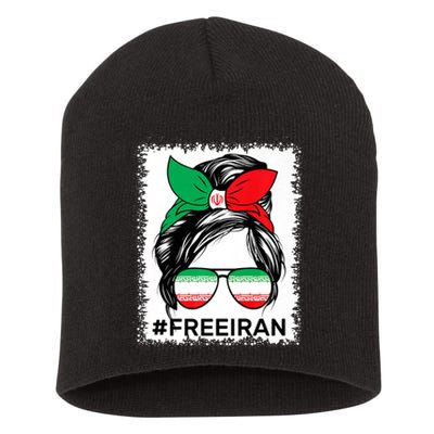 Free Iran Women Life Freedom Bleached Messy Bun Iranian Flag Short Acrylic Beanie