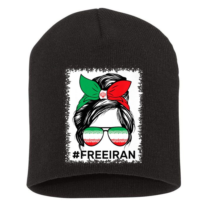 Free Iran Women Life Freedom Bleached Messy Bun Iranian Flag Short Acrylic Beanie