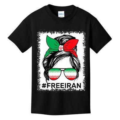 Free Iran Women Life Freedom Bleached Messy Bun Iranian Flag Kids T-Shirt