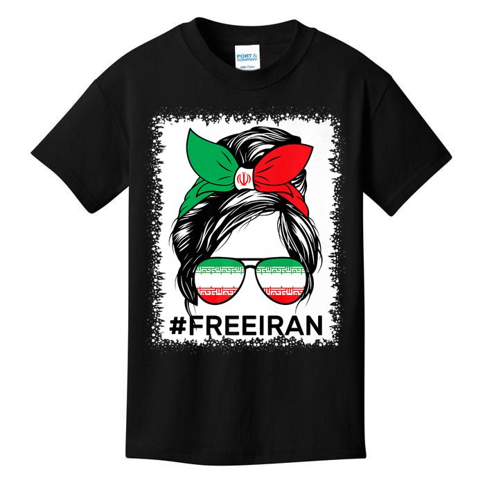 Free Iran Women Life Freedom Bleached Messy Bun Iranian Flag Kids T-Shirt