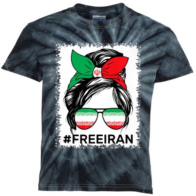 Free Iran Women Life Freedom Bleached Messy Bun Iranian Flag Kids Tie-Dye T-Shirt