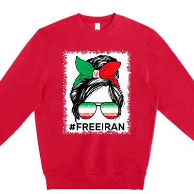 Free Iran Women Life Freedom Bleached Messy Bun Iranian Flag Premium Crewneck Sweatshirt