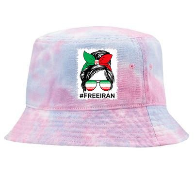 Free Iran Women Life Freedom Bleached Messy Bun Iranian Flag Tie-Dyed Bucket Hat