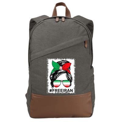 Free Iran Women Life Freedom Bleached Messy Bun Iranian Flag Cotton Canvas Backpack