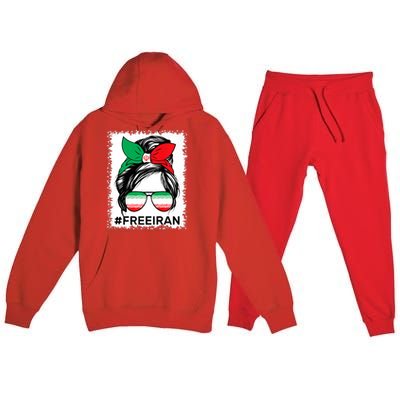 Free Iran Women Life Freedom Bleached Messy Bun Iranian Flag Premium Hooded Sweatsuit Set