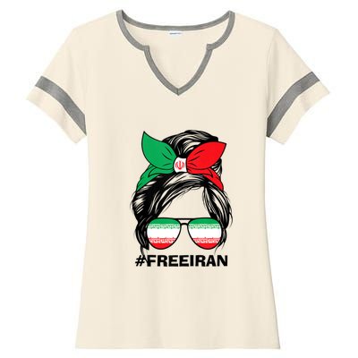 Free Iran Women Life Freedom Messy Bun Iranian Flag Ladies Halftime Notch Neck Tee