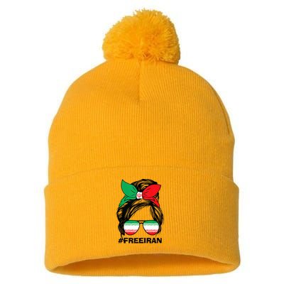 Free Iran Women Life Freedom Messy Bun Iranian Flag Pom Pom 12in Knit Beanie