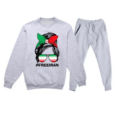 Free Iran Women Life Freedom Messy Bun Iranian Flag Premium Crewneck Sweatsuit Set