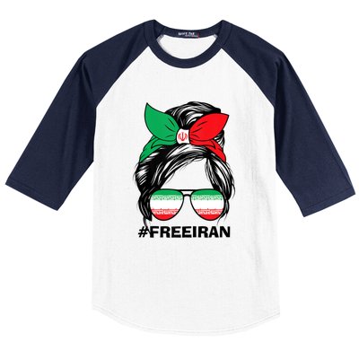 Free Iran Women Life Freedom Messy Bun Iranian Flag Baseball Sleeve Shirt