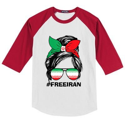 Free Iran Women Life Freedom Messy Bun Iranian Flag Kids Colorblock Raglan Jersey