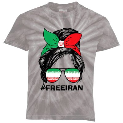 Free Iran Women Life Freedom Messy Bun Iranian Flag Kids Tie-Dye T-Shirt