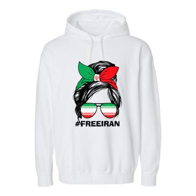 Free Iran Women Life Freedom Messy Bun Iranian Flag Garment-Dyed Fleece Hoodie