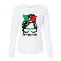 Free Iran Women Life Freedom Messy Bun Iranian Flag Womens Cotton Relaxed Long Sleeve T-Shirt