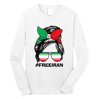 Free Iran Women Life Freedom Messy Bun Iranian Flag Long Sleeve Shirt