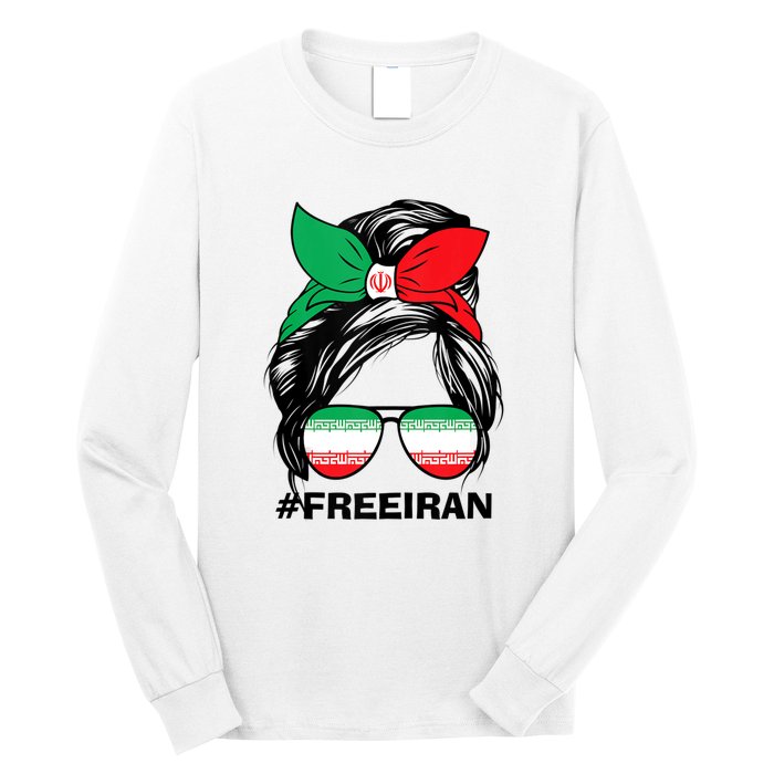 Free Iran Women Life Freedom Messy Bun Iranian Flag Long Sleeve Shirt